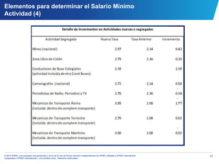 21© 2014 KPMG, una sociedad civil panameña y firma de la red de firmas miembro independientes de KPMG, afiliadas a KPMG International
Cooperative (“KPMG International”), una entidad suiza. Derechos reservados.
Elementos para determinar el Salario Mínimo
Actividad (4)
 