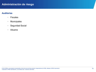78© 2014 KPMG, una sociedad civil panameña y firma de la red de firmas miembro independientes de KPMG, afiliadas a KPMG International
Cooperative (“KPMG International”), una entidad suiza. Derechos reservados.
Administración de riesgo
Auditorías
• Fiscales
• Municipales
• Seguridad Social
• Aduana
 
