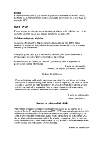 DIODO
Componente electrónico que permite el paso de la corriente en un solo sentido.
La flecha de la representación simbólica muestra la dirección en la que fluye la
corriente. (15)
RESISTENCIA
Elemento que se intercala en un circuito para hacer más difícil el paso de la
corriente eléctrica o para que esta se transforme en calor. (16)
Señales analógicas y digitales
según el portal educativo http://recursostic.educacion.es nos define estas
señales de analógicas y digitales de las siguientes formas dándonos a entender
que son y sus diferencias:
Analógica quiere decir que la información, la señal, para pasar de un valor a
otro pasa por todos los valores intermedios, es continua.
La señal digital, en cambio, va “a saltos”, pasa de un valor al siguiente sin
poder tomar valores intermedios
Fuente de información:
Gobierno de España y ministerio de cultura.
Medidor de decibelios
En el portal virtual del instituto electrónico pce, describe uno de sus productos
medidor de Cibeles de la siguiente forma: Con este dispositivo, se mide de forma
sencilla el volumen de ruido del entorno, en unidad de medida decibeles. Con el
medidor de decibelios se puede indicar la diferencia entre ruidos normales y
contaminaciones acústicas elevadas en el medio ambiente.
Fuente de información:
Instituto pce ibérica.
Medidor de radiación UVA - UVB
Pce instituto creador de dispositivos electrónicos hablan de su aparato de la
siguiente forma. El medidor de radiación UVA - UVB es un aparato para la medición
de la radiación ultravioleta. Este medidor de radiación opera con una longitud de
onda. Con el medidor de radiación puede medir por ejemplo las radiaciones UVA
del sol y las radiaciones en una cabina del solario y protegerse, dado el caso, de
radiaciones demasiado altas (quemaduras de sol). En la industria nos encontramos
con frecuencia con radiaciones UVA demasiado.
Fuente de información:
 