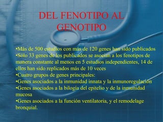 DEL FENOTIPO AL
             GENOTIPO

•Más de 500 estudios con más de 120 genes han sido publicados
•Sólo 33 genes de los publicados se asocian a los fenotipos de
manera constante al menos en 5 estudios independientes, 14 de
ellos han sido replicados más de 10 veces
•Cuatro grupos de genes principales:
•Genes asociados a la inmunidad innata y la inmunoregulación
•Genes asociados a la bilogía del epitelio y de la inmunidad
mucosa
•Genes asociados a la función ventilatoria, y el remodelage
bronquial.
 