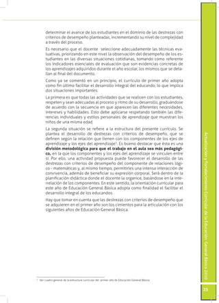 ActualizaciónyFortalecimientoCurriculardelaEducaciónGeneralBásica2010
25
determinar el avance de los estudiantes en el dominio de las destrezas con
criterios de desempeño planteadas, incrementando su nivel de complejidad
a través del proceso.
Es necesario que el docente seleccione adecuadamente las técnicas eva-
luativas, priorizando en este nivel la observación del desempeño de los es-
tudiantes en las diversas situaciones cotidianas, tomando como referente
los indicadores esenciales de evaluación que son evidencias concretas de
los aprendizajes adquiridos durante el año escolar, los mismos que se deta-
llan al final del documento.
Como ya se comentó en un principio, el currículo de primer año adopta
como fin último facilitar el desarrollo integral del educando, lo que implica
dos situaciones importantes:
La primera es que todas las actividades que se realicen con los estudiantes,
respeten y sean adecuadas al proceso y ritmo de su desarrollo, graduándose
de acuerdo con la secuencia en que aparecen las diferentes necesidades,
intereses y habilidades. Esto debe aplicarse respetando también las dife-
rencias individuales y estilos personales de aprendizaje que muestran los
niños de una misma edad.
La segunda situación se refiere a la estructura del presente currículo. Se
plantea el desarrollo de destrezas con criterios de desempeño, que se
definen según la relación que tienen con los componentes de los ejes de
aprendizaje y los ejes del aprendizaje3
. Es bueno destacar que ésta es una
división metodológica para que el trabajo en el aula sea más pedagógi-
co, en la que los componentes y los ejes del aprendizaje se vinculen entre
sí. Por ello, una actividad propuesta puede favorecer el desarrollo de las
destrezas con criterios de desempeño del componente de relaciones lógi-
co - matemáticas y, al mismo tiempo, permitirles una intensa interacción de
convivencia, además de beneficiar su expresión corporal. Será dentro de la
planificación didáctica donde el docente la organice, basándose en la inte-
rrelación de los componentes. En este sentido, la orientación curricular para
este año de Educación General Básica adopta como finalidad el facilitar el
desarrollo integral de los educandos.
Hay que tomar en cuenta que las destrezas con criterios de desempeño que
se adquieren en el primer año son los cimientos para la articulación con los
siguientes años de Educación General Básica.
3
	 Ver cuadro general de la estructura curricular del primer año de Educación General Básica.
 