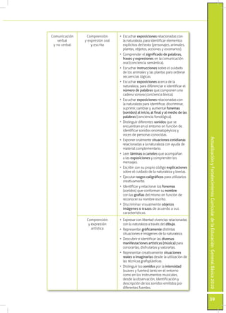 ActualizaciónyFortalecimientoCurriculardelaEducaciónGeneralBásica2010
39
Comunicación
verbal
y no verbal
Comprensión
y expresión oral
y escrita
•	 Escuchar exposiciones relacionadas con
la naturaleza, para identificar elementos
explícitos del texto (personajes, animales,
plantas, objetos, acciones y escenarios).
•	 Comprender el significado de palabras,
frases y expresiones en la comunicación
oral (conciencia semántica).
•	 Escuchar instrucciones sobre el cuidado
de los animales y las plantas para ordenar
secuencias lógicas.
•	 Escuchar exposiciones acerca de la
naturaleza, para diferenciar e identificar el
número de palabras que componen una
cadena sonora (conciencia léxica).
•	 Escuchar exposiciones relacionadas con
la naturaleza para identificar, discriminar,
suprimir, cambiar y aumentar fonemas
(sonidos) al inicio, al final y al medio de las
palabras (conciencia fonológica).
•	 Distinguir diferentes sonidos que se
encuentran en el entorno en función de
identificar sonidos onomatopéyicos y
voces de personas conocidas.
•	 Exponer oralmente situaciones cotidianas
relacionadas a la naturaleza con ayuda de
material complementario.
•	 Leer láminas o carteles que acompañan
a las exposiciones y comprender los
mensajes.
•	 Escribir con su propio código explicaciones
sobre el cuidado de la naturaleza y leerlas.
•	 Ejecutar rasgos caligráficos para utilizarlos
creativamente.
•	 Identificar y relacionar los fonemas
(sonidos) que conforman su nombre
con las grafías del mismo en función de
reconocer su nombre escrito.
•	 Discriminar visualmente objetos
imágenes o trazos de acuerdo a sus
características.
Comprensión
y expresión
artística
•	 Expresar con libertad vivencias relacionadas
con la naturaleza a través del dibujo.
•	 Representar gráficamente distintas
situaciones e imágenes de la naturaleza.
•	 Descubrir e identificar las diversas
manifestaciones artísticas (música) para
conocerlas, disfrutarlas y valorarlas.
•	 Representar creativamente situaciones
reales o imaginarias desde la utilización de
las técnicas grafoplásticas.
•	 Distinguir los sonidos por la intensidad
(suaves y fuertes) tanto en el entorno
como en los instrumentos musicales,
desde la observación, identificación y
descripción de los sonidos emitidos por
diferentes fuentes.
 