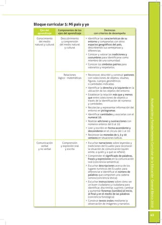 ActualizaciónyFortalecimientoCurriculardelaEducaciónGeneralBásica2010
43
Ejes del
aprendizaje
Componentes de los
ejes del aprendizaje
Destrezas
con criterios de desempeño
Conocimiento
del medio
natural y cultural
Descubrimiento
y comprensión
del medio natural
y cultural
•	 Identificar las características de su
entorno y compararlas con otros
espacios geográficos del país,
describiendo sus semejanzas y
diferencias.
•	 Conocer y valorar las tradiciones y
costumbres para identificarse como
miembro de una comunidad.
•	 Conocer los símbolos patrios para
valorarlos y respetarlos.
Relaciones
lógico - matemáticas
•	 Reconocer, describir y construir patrones
con colecciones de objetos, siluetas,
figuras, cuerpos geométricos
o cantidades indicadas.
•	 Identificar la derecha y la izquierda en la
ubicación de los objetos del entorno.
•	 Establecer la relación más que y menos
que entre colecciones de objetos a
través de la identificación de números
y cantidades.
•	 Recolectar y representar información del
entorno en pictogramas.
•	 Identificar cantidades y asociarlas con el
numeral 10.
•	 Realizar adiciones y sustracciones con
números enteros del 0 al 10.
•	 Leer y escribir en forma ascendente y
descendente en el círculo del 1 al 10.
•	 Reconocer las monedas de 1, 5 y 10
centavos en situaciones lúdicas.
Comunicación
verbal
y no verbal
Comprensión
y expresión oral
y escrita
•	 Escuchar narraciones sobre leyendas y
tradiciones del Ecuador para reconocer
la situación de comunicación (quién
emite, a quién y a qué se refiere).
•	 Comprender el significado de palabras,
frases y expresiones en la comunicación
oral (conciencia semántica).
•	 Escuchar descripciones acerca de los
lugares turísticos del Ecuador, para
diferenciar e identificar el número de
palabras que componen una cadena
sonora (conciencia léxica).
•	 Escuchar instrucciones sobre cómo ser
un buen ciudadano y ciudadana para
identificar, discriminar, suprimir, cambiar
y aumentar fonemas (sonidos) al inicio,
al final y en el medio de las palabras
(conciencia fonológica).
•	 Construir textos orales mediante la
observación de imágenes y narrarlos.
Bloque curricular 5: Mi país y yo
 