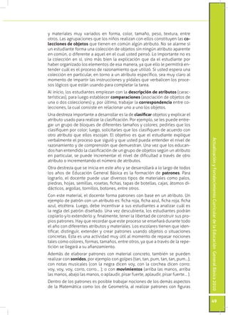 ActualizaciónyFortalecimientoCurriculardelaEducaciónGeneralBásica2010
49
y materiales muy variados en forma, color, tamaño, peso, textura, entre
otros. Las agrupaciones que los niños realizan con ellos constituyen las co-
lecciones de objetos que tienen en común algún atributo. No se alarme si
un estudiante forma una colección de objetos sin ningún atributo aparente
en común, o diferente a aquel en el cual usted pensó. Lo importante no es
la colección en sí, sino más bien la explicación que da el estudiante por
haber organizado los elementos de esa manera, ya que ello le permitirá en-
tender cuál es el proceso de razonamiento que utilizó. Si usted espera una
colección en particular, en torno a un atributo específico, sea muy claro al
momento de impartir las instrucciones y pídales que verbalicen los proce-
sos lógicos que están usando para completar la tarea.
Al inicio, los estudiantes empiezan con la descripción de atributos (carac-
terísticas), para luego establecer comparaciones (asociación de objetos de
una o dos colecciones) y, por último, trabajar la correspondencia entre co-
lecciones, la cual consiste en relacionar uno a uno los objetos.
Una destreza importante a desarrollar es la de clasificar objetos y explicar el
atributo usado para realizar la clasificación. Por ejemplo, se les puede entre-
gar un grupo de bloques de diferentes tamaños y colores; pedirles que los
clasifiquen por color; luego, solicitarles que los clasifiquen de acuerdo con
otro atributo que ellos escojan. El objetivo es que el estudiante explique
verbalmente el proceso que siguió y que usted pueda entender el nivel de
razonamiento y de comprensión que demuestran. Una vez que los educan-
dos han entendido la clasificación de un grupo de objetos según un atributo
en particular, se puede incrementar el nivel de dificultad a través de otro
atributo o incrementando el número de atributos.
Otra destreza que se inicia en este año y se desarrollará a lo largo de todos
los años de Educación General Básica es la formación de patrones. Para
lograrlo, el docente puede usar diversos tipos de materiales como palos,
piedras, hojas, semillas, rosetas, fichas, tapas de botellas, cajas, átomos di-
dácticos, argollas, tornillos, botones, entre otros.
Con este material, el docente forma patrones con base en un atributo. Un
ejemplo de patrón con un atributo es: ficha roja, ficha azul, ficha roja, ficha
azul, etcétera. Luego, debe incentivar a sus estudiantes a analizar cuál es
la regla del patrón diseñado. Una vez descubierta, los estudiantes podrán
copiarlo y/o extenderlo y, finalmente, tener la libertad de construir sus pro-
pios patrones. Hay que recordar que este proceso se enseñará durante todo
el año con diferentes atributos y materiales. Los escolares tienen que iden-
tificar, distinguir, extender y crear patrones usando objetos o situaciones
concretas. Esta es una actividad muy útil al momento de repasar nociones
tales como colores, formas, tamaños, entre otros, ya que a través de la repe-
tición se llegará a su afianzamiento.
Además de elaborar patrones con material concreto, también se pueden
realizar con sonidos, por ejemplo con golpes (tan, tan, pum, tan, tan, pum…);
con notas musicales (con la negra dicen voy, con la corchea dicen corro:
voy, voy, voy, corro, corro… ); o con movimientos (arriba las manos, arriba
las manos, abajo las manos, o aplaudir, pisar fuerte, aplaudir, pisar fuerte… ).
Dentro de los patrones es posible trabajar nociones de los demás aspectos
de la Matemática como los de Geometría, al realizar patrones con figuras
 