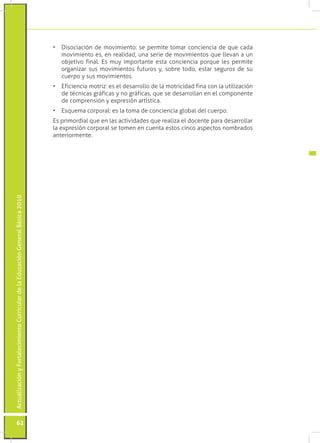 ActualizaciónyFortalecimientoCurriculardelaEducaciónGeneralBásica2010
62
•	 Disociación de movimiento: se permite tomar conciencia de que cada
movimiento es, en realidad, una serie de movimientos que llevan a un
objetivo final. Es muy importante esta conciencia porque les permite
organizar sus movimientos futuros y, sobre todo, estar seguros de su
cuerpo y sus movimientos.
•	 Eficiencia motriz: es el desarrollo de la motricidad fina con la utilización
de técnicas gráficas y no gráficas, que se desarrollan en el componente
de comprensión y expresión artística.
•	 Esquema corporal: es la toma de conciencia global del cuerpo.
Es primordial que en las actividades que realiza el docente para desarrollar
la expresión corporal se tomen en cuenta estos cinco aspectos nombrados
anteriormente.
 