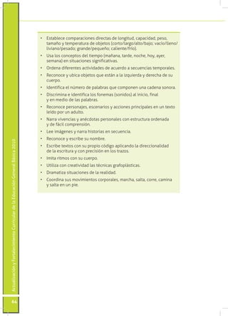 ActualizaciónyFortalecimientoCurriculardelaEducaciónGeneralBásica2010
64
En
La nueva Constitución de la República
•	 Establece comparaciones directas de longitud, capacidad, peso,
tamaño y temperatura de objetos (corto/largo/alto/bajo; vacío/lleno/
liviano/pesado; grande/pequeño; caliente/frío).
•	 Usa los conceptos del tiempo (mañana, tarde, noche, hoy, ayer,
semana) en situaciones significativas.
•	 Ordena diferentes actividades de acuerdo a secuencias temporales.
•	 Reconoce y ubica objetos que están a la izquierda y derecha de su
cuerpo.
•	 Identifica el número de palabras que componen una cadena sonora.
•	 Discrimina e identifica los fonemas (sonidos) al inicio, final
y en medio de las palabras.
•	 Reconoce personajes, escenarios y acciones principales en un texto
leído por un adulto.
•	 Narra vivencias y anécdotas personales con estructura ordenada
y de fácil comprensión.
•	 Lee imágenes y narra historias en secuencia.
•	 Reconoce y escribe su nombre.
•	 Escribe textos con su propio código aplicando la direccionalidad
de la escritura y con precisión en los trazos.
•	 Imita ritmos con su cuerpo.
•	 Utiliza con creatividad las técnicas grafoplásticas.
•	 Dramatiza situaciones de la realidad.
•	 Coordina sus movimientos corporales, marcha, salta, corre, camina
y salta en un pie.
 