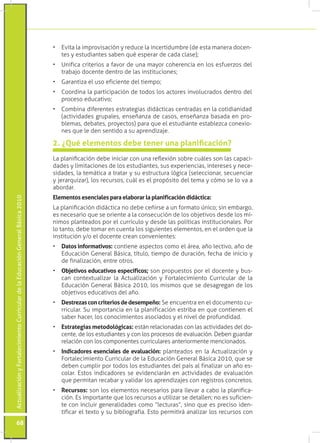 ActualizaciónyFortalecimientoCurriculardelaEducaciónGeneralBásica2010
68
•	 Evita la improvisación y reduce la incertidumbre (de esta manera docen-
tes y estudiantes saben qué esperar de cada clase);
•	 Unifica criterios a favor de una mayor coherencia en los esfuerzos del
trabajo docente dentro de las instituciones;
•	 Garantiza el uso eficiente del tiempo;
•	 Coordina la participación de todos los actores involucrados dentro del
proceso educativo;
•	 Combina diferentes estrategias didácticas centradas en la cotidianidad
(actividades grupales, enseñanza de casos, enseñanza basada en pro-
blemas, debates, proyectos) para que el estudiante establezca conexio-
nes que le den sentido a su aprendizaje.
2. ¿Qué elementos debe tener una planificación?
La planificación debe iniciar con una reflexión sobre cuáles son las capaci-
dades y limitaciones de los estudiantes, sus experiencias, intereses y nece-
sidades, la temática a tratar y su estructura lógica (seleccionar, secuenciar
y jerarquizar), los recursos, cuál es el propósito del tema y cómo se lo va a
abordar.
Elementos esenciales para elaborar la planificación didáctica:
La planificación didáctica no debe ceñirse a un formato único; sin embargo,
es necesario que se oriente a la consecución de los objetivos desde los mí-
nimos planteados por el currículo y desde las políticas institucionales. Por
lo tanto, debe tomar en cuenta los siguientes elementos, en el orden que la
institución y/o el docente crean convenientes:
•	 Datos informativos: contiene aspectos como el área, año lectivo, año de
Educación General Básica, título, tiempo de duración, fecha de inicio y
de finalización, entre otros.
•	 Objetivos educativos específicos; son propuestos por el docente y bus-
can contextualizar la Actualización y Fortalecimiento Curricular de la
Educación General Básica 2010, los mismos que se desagregan de los
objetivos educativos del año.
•	 Destrezasconcriteriosdedesempeño: Se encuentra en el documento cu-
rricular. Su importancia en la planificación estriba en que contienen el
saber hacer, los conocimientos asociados y el nivel de profundidad.
•	 Estrategias metodológicas: están relacionadas con las actividades del do-
cente, de los estudiantes y con los procesos de evaluación. Deben guardar
relación con los componentes curriculares anteriormente mencionados.
•	 Indicadores esenciales de evaluación: planteados en la Actualización y
Fortalecimiento Curricular de la Educación General Básica 2010, que se
deben cumplir por todos los estudiantes del país al finalizar un año es-
colar. Estos indicadores se evidenciarán en actividades de evaluación
que permitan recabar y validar los aprendizajes con registros concretos.
•	 Recursos: son los elementos necesarios para llevar a cabo la planifica-
ción. Es importante que los recursos a utilizar se detallen; no es suficien-
te con incluir generalidades como “lecturas”, sino que es preciso iden-
tificar el texto y su bibliografía. Esto permitirá analizar los recursos con
 