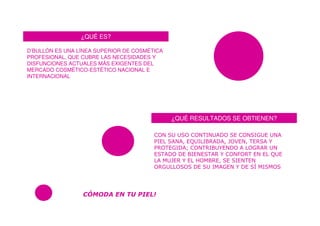 ¿QUÉ ES?

D’BULLÓN ES UNA LÍNEA SUPERIOR DE COSMÉTICA
PROFESIONAL, QUE CUBRE LAS NECESIDADES Y
DISFUNCIONES ACTUALES MÁS EXIGENTES DEL
MERCADO COSMÉTICO-ESTÉTICO NACIONAL E
INTERNACIONAL




                                              ¿QUÉ RESULTADOS SE OBTIENEN?


                                                  %!  #    %$       %       *
                                                   1    # *
                                                   #      *                 !
                                              $   * - # %
                                                                *       +




                                      !"
 
