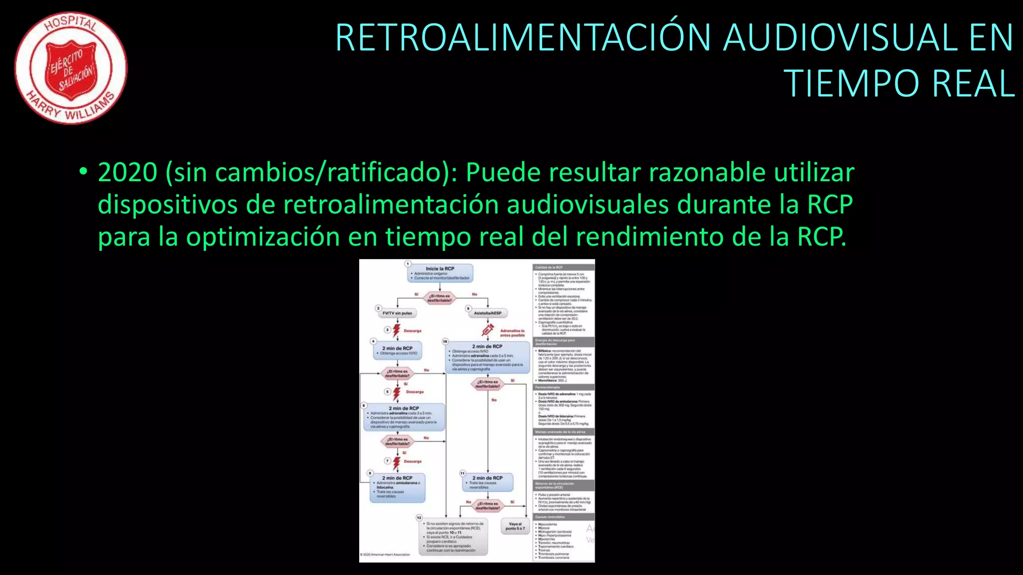 RETROALIMENTACIÓN AUDIOVISUAL EN
TIEMPO REAL
• 2020 (sin cambios/ratificado): Puede resultar razonable utilizar
dispositivos de retroalimentación audiovisuales durante la RCP
para la optimización en tiempo real del rendimiento de la RCP.
 