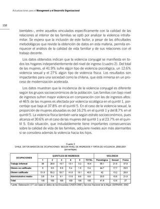 Actualizaciones para el Management y el Desarrollo Organizacional




158

            bientales–, entre aquellos vinculados especíﬁcamente con la calidad de las
            relaciones al interior de las familias se optó por analizar la violencia intrafa-
            miliar. Se espera que la inclusión de este factor, a pesar de las diﬁcultades
            metodológicas que reviste la obtención de datos en esta materia, permita en-
            riquecer el análisis de la calidad de vida familiar y de sus relaciones con el
            trabajo decente.
              Los datos obtenidos indican que la violencia conyugal se maniﬁesta en to-
            dos los hogares independientemente del nivel de ingreso (cuadro 2). Del total
            de las mujeres, el 41.9% sufre algún tipo de violencia psicológica, un 12.6%
            violencia sexual y el 27% algún tipo de violencia física. Los resultados son
            impactantes para una sociedad como la chilena, que está inmersa en un pro-
            ceso de modernización acelerada.
               Los datos muestran que la incidencia de la violencia conyugal es diferente
            según los grupos socioeconómicos de la población. Las familias con bajo nivel
            de ingresos sufren mayor violencia en comparación con las de ingresos altos:
            el 46% de las mujeres es afectada por violencia sicológica en el quintil 1, por-
            centaje que baja al 37.8% en el quintil 5. En el caso de la violencia sexual, la
            proporción de mujeres abusadas es del 16.2% en el quintil 1 y del 8.7% en el
            quintil 5. La violencia física también varía según estrato socioeconómico, pues
            alcanza el 30.6% en el caso de las mujeres del quintil 1 y al 23.7% en el quin-
            til 5. Esta situación, que indudablemente tiene importantes consecuencias
            sobre la calidad de vida de las familias, adquiere niveles aún más alarmantes
            si se considera además la violencia hacia los hijos.
 