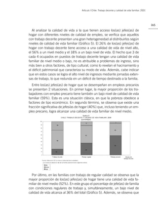 Artìculo | Chile: Trabajo decente y calidad de vida familiar. 2001




                                                                                                           165

   Al analizar la calidad de vida a la que tienen acceso los(as) jefes(as) de
hogar con diferentes niveles de calidad de empleo, se veriﬁca que aquellos
con trabajo decente presentan una gran heterogeneidad al distribuirlos según
niveles de calidad de vida familiar (Gráﬁco 5). El 26% de los(as) jefes(as) de
hogar con trabajo decente tiene acceso a una calidad de vida de nivel alto,
el 56% a un nivel medio y el 18% a un bajo nivel de vida. El hecho que 3 de
cada 4 ocupados en puestos de trabajo decente tengan una calidad de vida
familiar de nivel medio o bajo, no es atribuible a problemas de ingreso, sino
más bien a otros factores, de tipo cultural, como lo revelan el hacinamiento y
el déﬁcit patrimonial que caracteriza su modo de vida. Además, cabe indicar
que en estos casos se logra el alto nivel de ingresos mediante jornadas exten-
sas de trabajo, lo que redunda en un déﬁcit de tiempo destinado a la familia.
   Entre los(as) jefes(as) de hogar que se desempeñan en empleos precarios
se presentan 2 situaciones. En primer lugar, la mayor proporción de los tra-
bajadores con empleo precario tiene también un bajo nivel de calidad de vida
familiar (59%). Esta es una situación clásica, en que la pobreza obedece a
factores de tipo económico. En segundo término, se observa que existe una
fracción signiﬁcativa de jefes/as de hogar (40%) que, incluso teniendo un em-
pleo precario, logra alcanzar una calidad de vida familiar de nivel medio.




  Por último, en las familias con trabajo de regular calidad se observa que la
mayor proporción de los(as) jefes(as) de hogar tiene una calidad de vida fa-
miliar de nivel medio (52%). En este grupo el porcentaje de jefe(as) de familia
con condiciones regulares de trabajo y, simultáneamente, un bajo nivel de
calidad de vida alcanza al 36% del total (Gráﬁco 5). Además, se observa que
 