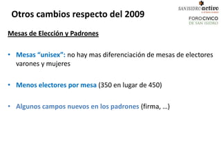 Otros cambios respecto del 2009
Mesas de Elección y Padrones

• Mesas “unisex”: no hay mas diferenciación de mesas de electores
  varones y mujeres

• Menos electores por mesa (350 en lugar de 450)

• Algunos campos nuevos en los padrones (firma, …)
 