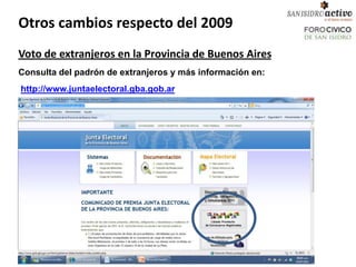 Otros cambios respecto del 2009
Voto de extranjeros en la Provincia de Buenos Aires
Consulta del padrón de extranjeros y más información en:
http://www.juntaelectoral.gba.gob.ar
 
