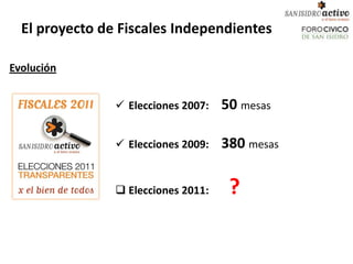 El proyecto de Fiscales Independientes

Evolución


                 Elecciones 2007:   50 mesas

                 Elecciones 2009:   380 mesas

                 Elecciones 2011:    ?
 