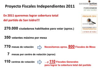 Proyecto Fiscales Independientes 2011

En 2011 queremos lograr cobertura total
del partido de San Isidro!!!

270.000 ciudadanos habilitados para votar (aprox.)

350 votantes máximo por mesa

770 mesas de votación            Necesitamos aprox. 800 Fiscales de Mesa


  7   mesas por centro de votación (aprox)


110 centros de votación          …y 110 Fiscales Generales
                                 para lograr la cobertura total del partido
 