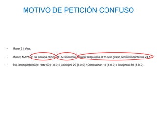 MOTIVO DE PETICIÓN CONFUSO




-   Mujer 61 años.

-   Motivo MAPA: HTA aislada clínica. HTA resistente. Valorar respuesta al tto./ver grado control durante las 24 h.

-   Tto. antihipertensivo: Hctz 50 (1-0-0) / Lisinopril 20 (1-0-0) / Olmesartán 10 (1-0-0) / Bisoprolol 10 (1-0-0)
 