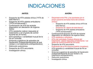 INDICACIONES
                   ANTES:                                               AHORA:

•   Sospecha de HTA aislada clínica (“HTA de      •   Disparidad entre PAc y las aportadas por el
    bata blanca”)                                     propio paciente (tomadas fuera del contexto
•   Sospecha de HTA aislada ambulatoria               clínico):
    (“HTA enmascarada”)                                 - Sospecha de HTA aislada clínica (HTA de
•   Confirmación de HTA de reciente                         bata blanca).
    diagnóstico sin afectación de órganos               - Sospecha de “efecto de bata blanca”.
    diana)                                              - Sospecha de HTA aislada ambulatoria
•   HTA resistente (valorar respuesta al                    (“HTA enmascarada”).
    tratamiento o ver el grado de control         •   Confirmación/Evaluación de HTA de reciente
    durante las 24 horas).                            diagnóstico sin afectación de órganos diana.
•   HTA episódica o variabilidad inusual de la    •   HTA resistente o refractaria.
    PA en consulta.                               •   HTA mal controlada: Evaluar eficacia del
•   Síntomas sugestivos de episodios de               tratamiento: valorar respuesta al tratamiento / ver
    hipotensión (independientemente de que            grado de control durante las 24 horas.
    reciban o no tratamiento antihipertensivo).   •   Sospecha de HTA secundaria.
•   Disfunción autonómica.                        •   Evaluación de la PA nocturna (patrón circadiano).
•   Sospecha de HTA secundaria.                   •   HTA episódica (o variabilidad inusual de PA en
•   Investigación clínica.                            consulta).
                                                  •   Síntomas sugestivos de episodios de hipotensión
                                                      (independientemente de que reciban o no
                                                      tratamiento antihipertensivo).
                                                  •   Disfunción autonómica.
                                                  •   Investigación clínica.
 