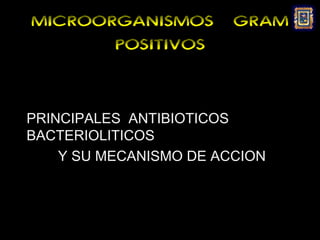 MICROORGANISMOS         GRAM
       POSITIVOS


PRINCIPALES ANTIBIOTICOS
BACTERIOLITICOS
    Y SU MECANISMO DE ACCION
 