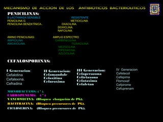 MECANISMO DE ACCIÓN DE LOS                     ANTIBIOTICOS BACTERIOLÍTICOS
 PENICILINAS:
 B LACTAMASA SENSIBLE                       RESISTENTE
 PENICILINA G.                             METICICLINA
 PENICILINA BENZATÍNICA..            OXACILINA.
                                   DOXICLINA.
                                   NAFCILINA.

 AMINO PENICILINAS:             AMPLIO ESPECTRO
 AMPICILINA                      CARBENICILINA
 AMOXICILINA.                              TICARCILINA
                                   MEZOCILINA
                                   PIPERACINA.
                                   AZLOCILINA.

 CEFALOSPORINAS:

I Generacion:               II Generacion:    III Generacion:   IV Generacion
                                              Cefoperazona      Cefetecol
Cefalotina                  Cefamandole
                            Cefoxitina        Ceftriaxona       Cefepima
Cefalexina.                                   Cefotaxima        Flomoxef
                            Cefuroxima
Cefradina                                     Cefaletan         Cefpirome
                                                                Cefuprenam
 MONOBACTAMS: ( * ).
 CARBAPENEMS: ( * )
 VANCOMICINA: (Bloquea elongación de PG).
 BACITRACINA: (Bloquea precursores de PG).
 CICLOSERINA: (Bloquea precursores de PG).
 