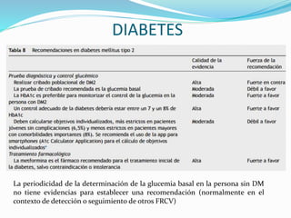 DIABETES
La periodicidad de la determinación de la glucemia basal en la persona sin DM
no tiene evidencias para establecer una recomendación (normalmente en el
contexto de detección o seguimiento de otros FRCV)
 