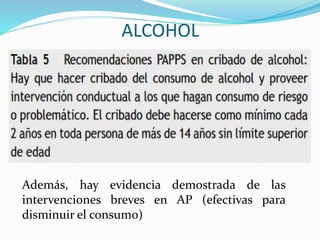 ALCOHOL
Además, hay evidencia demostrada de las
intervenciones breves en AP (efectivas para
disminuir el consumo)
 