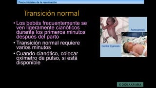 Transición normal
• Los bebés frecuentemente se
ven ligeramente cianóticos
durante los primeros minutos
después del parto
...