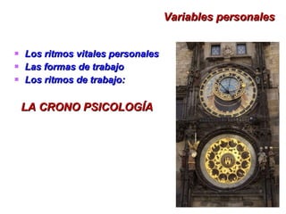 Variables personales Los ritmos vitales personales Las formas de trabajo Los ritmos de trabajo: LA CRONO PSICOLOGÍA 