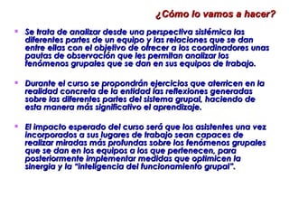 ¿Cómo lo vamos a hacer? Se trata de analizar desde una perspectiva sistémica las diferentes partes de un equipo y las relaciones que se dan entre ellas con el objetivo de ofrecer a los coordinadores unas pautas de observación que les permitan analizar los fenómenos grupales que se dan en sus equipos de trabajo.  Durante el curso se propondrán ejercicios que aterricen en la realidad concreta de la entidad las reflexiones generadas sobre las diferentes partes del sistema grupal, haciendo de esta manera más significativo el aprendizaje.  El impacto esperado del curso será que los asistentes una vez incorporados a sus lugares de trabajo sean capaces de realizar miradas más profundas sobre los fenómenos grupales que se dan en los equipos a los que pertenecen, para posteriormente implementar medidas que optimicen la sinergia y la “inteligencia del funcionamiento grupal”. 