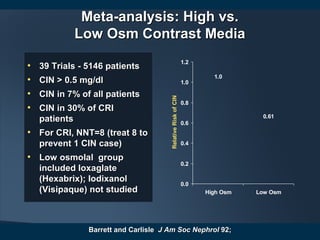Meta-analysis: High vs.Meta-analysis: High vs.
Low Osm Contrast MediaLow Osm Contrast Media
• 39 Trials - 5146 patients39 Trials - 5146 patients
• CIN > 0.5 mg/dlCIN > 0.5 mg/dl
• CIN in 7% of all patientsCIN in 7% of all patients
• CIN in 30% of CRICIN in 30% of CRI
patientspatients
• For CRI, NNT=8 (treat 8 toFor CRI, NNT=8 (treat 8 to
prevent 1 CIN case)prevent 1 CIN case)
• Low osmolal groupLow osmolal group
included Ioxaglateincluded Ioxaglate
(Hexabrix); Iodixanol(Hexabrix); Iodixanol
(Visipaque) not studied(Visipaque) not studied
Barrett and CarlisleBarrett and Carlisle J Am Soc NephrolJ Am Soc Nephrol 92;92;
1.0
0.61
0.0
0.2
0.4
0.6
0.8
1.0
1.2
High Osm Low Osm
RelativeRiskofCIN
 