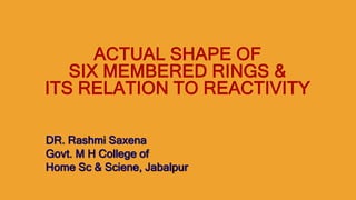ACTUAL SHAPE OF
SIX MEMBERED RINGS &
ITS RELATION TO REACTIVITY
DR. Rashmi Saxena
Govt. M H College of
Home Sc & Sciene, Jabalpur
 