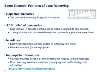 Some Essential Features of Loss Reserving
                                                                                                 Cumulative   Losses in 1000's
                                                                  AY        premium     12      24     36        48      60    72      84      96     108     120   CL Ult   CL LR    CL res
                                                                 1988         2,609    404     986 1,342      1,582 1,736 1,833     1,907   1,967   2,006   2,036    2,036     0.78        0
                                                                 1989         2,694    387     964 1,336      1,580 1,726 1,823     1,903   1,949   1,987            2,017     0.75       29
                                                                 1990         2,594    421   1,037 1,401      1,604 1,729 1,821     1,878   1,919                    1,986     0.77       67
                                                                 1991         2,609    338     753 1,029      1,195 1,326 1,395     1,446                            1,535     0.59       89




• Repeated measures
                                                                 1992         2,077    257     569    754       892     958 1,007                                    1,110     0.53      103
                                                                 1993         1,703    193     423    589       661     713                                            828     0.49      115
                                                                 1994         1,438    142     361    463       533                                                    675     0.47      142
                                                                 1995         1,093    160     312    408                                                              601     0.55      193
                                                                 1996         1,012    131     352                                                                     702     0.69      350
                                                                 1997          976     122                                                                             576     0.59      454




     • The dataset is inherently longitudinal in nature.     chain link
                                                             chain ldf
                                                             growth curve
                                                                                       2.365 1.354 1.164 1.090 1.054 1.038 1.026 1.020 1.015
                                                                                       4.720 1.996 1.473 1.266 1.162 1.102 1.062 1.035 1.015
                                                                                                                                              1.000
                                                                                                                                              1.000
                                                                                      21.2% 50.1% 67.9% 79.0% 86.1% 90.7% 94.2% 96.6% 98.5% 100.0%
                                                                                                                                                                    12,067             1,543




• A “Bundle” of time series
     • Loss triangle: a collection of time series that are “related” to one another…
     • … no guarantee that the same development pattern is appropriate to each one


• Non-linear
     • Each year’s loss development pattern in inherently non-linear
     • Ultimate loss (ratio) is an asymptote


• Incomplete information
     • Few loss triangles contain all of the information needed to make forecasts
     • Most reserving exercises must incorporate judgment and/or background
       information
      Loss reserving is inherently Bayesian
27   Deloitte Analytics Institute                                                                                                       © 2010 Deloitte LLP
 