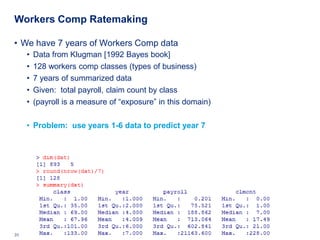 Workers Comp Ratemaking

• We have 7 years of Workers Comp data
     •   Data from Klugman [1992 Bayes book]
     •   128 workers comp classes (types of business)
     •   7 years of summarized data
     •   Given: total payroll, claim count by class
     •   (payroll is a measure of “exposure” in this domain)

     • Problem: use years 1-6 data to predict year 7




31   Deloitte Analytics Institute                              © 2010 Deloitte LLP
 