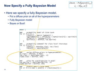 clmcnti ~ Poi ( payrolli λ j[ i ] )
Now Specify a Fully Bayesian Model                                         (
                                                                λ j ~ N µλ , σ λ
                                                                               2
                                                                                         )

• Here we specify a fully Bayesian model.
     • Put a diffuse prior on all of the hyperparameters
     • Fully Bayesian model
     • Bayes or Bust!




39   Deloitte Analytics Institute                                              © 2010 Deloitte LLP
 