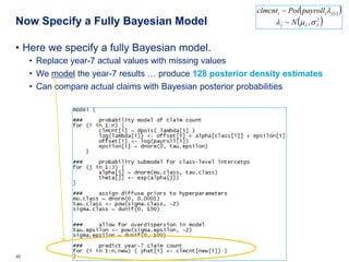 clmcnti ~ Poi ( payrolli λ j[ i ] )
Now Specify a Fully Bayesian Model                                          (
                                                                 λ j ~ N µλ , σ λ
                                                                                2
                                                                                          )

• Here we specify a fully Bayesian model.
     • Replace year-7 actual values with missing values
     • We model the year-7 results … produce 128 posterior density estimates
     • Can compare actual claims with Bayesian posterior probabilities




40   Deloitte Analytics Institute                                               © 2010 Deloitte LLP
 
