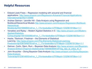 Helpful Resources

•    Edward (Jed) Frees – Regression modeling with actuarial and financial
     applications http://www.amazon.com/Regression-Actuarial-Financial-Applications-
     International/dp/0521135966
•    Andrew Gelman / Jennifer Hill - Data Analysis using Regression and
     Multilevel/Hierarchical Models http://www.amazon.com/Analysis-Regression-Multilevel-
     Hierarchical-
     Models/dp/052168689X/ref=sr_1_1?s=books&ie=UTF8&qid=1332961819&sr=1-1
•    Venables and Ripley – Modern Applied Statistics in S http://www.amazon.com/Modern-
     Applied-Statistics-
     Computing/dp/1441930086/ref=sr_1_1?s=books&ie=UTF8&qid=1332961867&sr=1-1
•    Hastie, Tibshirani, Friedman – the Elements of Statistical
     Learning http://www.amazon.com/The-Elements-Statistical-Learning-
     Prediction/dp/0387848576/ref=sr_1_1?s=books&ie=UTF8&qid=1332961913&sr=1-1
•    Gelman, Carlin, Stern, Ruin – Bayesian Data Analysis http://www.amazon.com/Bayesian-
     Analysis-Edition-Chapman-Statistical/dp/158488388X/ref=tag_dpp_lp_edpp_ttl_in
•    John Kruschke – Doing Bayesian Data Analysis http://www.amazon.com/Doing-Bayesian-
     Data-Analysis-
     Tutorial/dp/0123814855/ref=sr_1_3?s=books&ie=UTF8&qid=1332961975&sr=1-3




47   Deloitte Analytics Institute                                               © 2011 Deloitte LLP
 