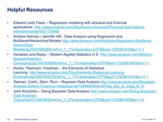 Helpful Resources

•    Edward (Jed) Frees – Regression modeling with actuarial and financial
     applications http://www...