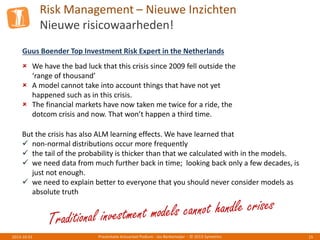 Risk Management – Nieuwe Inzichten
Nieuwe risicowaarheden!
Presentatie Actuarieel Podium - Jos Berkemeijer - © 2013 Symetrics 152013-10-01
Guus Boender Top Investment Risk Expert in the Netherlands
But the crisis has also ALM learning effects. We have learned that
 non-normal distributions occur more frequently
 the tail of the probability is thicker than that we calculated with in the models.
 we need data from much further back in time; looking back only a few decades, is
just not enough.
 we need to explain better to everyone that you should never consider models as
absolute truth
 We have the bad luck that this crisis since 2009 fell outside the
‘range of thousand’
 A model cannot take into account things that have not yet
happened such as in this crisis.
 The financial markets have now taken me twice for a ride, the
dotcom crisis and now. That won’t happen a third time.
 