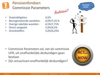 Pensioenfondsen
Commissie Parameters
Presentatie Actuarieel Podium - Jos Berkemeijer - © 2013 Symetrics 382013-10-01
• Staatsobligaties: 4,5%
• Beursgenoteerde aandelen: 6,0%/7,25 %
• Overige zakelijke waarden: 6,5%/7,75%
• Direct vastgoed: 5,0%/6,5%
• Grondstoffen: 5,0%/6,25%
Verdeeld
advies
• Commissie Parameters zal, net als commissie
UFR, uit onafhankelijke deskundigen gaan
bestaan
• Zijn actuarissen onafhankelijk deskundigen?
 