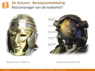 De Actuaris - Beroepsontwikkeling
Risicomanager van de toekomst?
Presentatie Actuarieel Podium - Jos Berkemeijer - © 2013 Symetrics 42013-10-01
Actuaris Anno 1100 A.D. Actuaris Anno 2012 A.D.
 