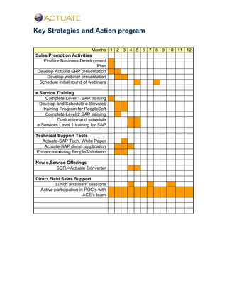 Key Strategies and Action program
Months 1 2 3 4 5 6 7 8 9 10 11 12
Sales Promotion Activities
Finalize Business Development
Plan
Develop Actuate ERP presentation
Develop webinar presentation
Schedule initial round of webinars
e.Service Training
Complete Level 1 SAP training
Develop and Schedule e.Services
training Program for PeopleSoft
Complete Level 2 SAP training
Customize and schedule
e.Services Level 1 training for SAP
Technical Support Tools
Actuate-SAP Tech. White Paper
Actuate-SAP demo. application
Enhance existing PeopleSoft demo
New e.Service Offerings
SQR->Actuate Converter
Direct Field Sales Support
Lunch and learn sessions
Active participation in POC’s with
ACE’s team
 