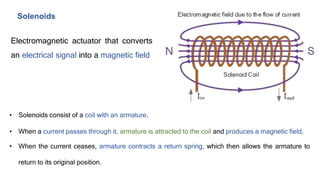 Solenoids
• Solenoids consist of a coil with an armature.
• When a current passes through it, armature is attracted to the coil and produces a magnetic field.
• When the current ceases, armature contracts a return spring, which then allows the armature to
return to its original position.
Electromagnetic actuator that converts
an electrical signal into a magnetic field
 