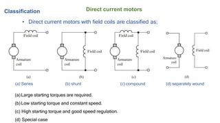Direct current motors
Classification
• Direct current motors with field coils are classified as;
(a) Series (b) shunt
(a)Large starting torques are required.
(b)Low starting torque and constant speed.
(c) High starting torque and good speed regulation.
(d) Special case
(c) compound (d) separately wound
 