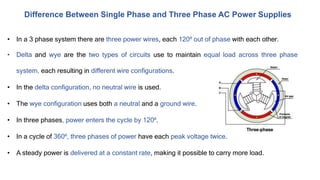 Difference Between Single Phase and Three Phase AC Power Supplies
• In a 3 phase system there are three power wires, each 120⁰ out of phase with each other.
• Delta and wye are the two types of circuits use to maintain equal load across three phase
system, each resulting in different wire configurations.
• In the delta configuration, no neutral wire is used.
• The wye configuration uses both a neutral and a ground wire.
• In three phases, power enters the cycle by 120⁰.
• In a cycle of 360⁰, three phases of power have each peak voltage twice.
• A steady power is delivered at a constant rate, making it possible to carry more load.
 