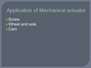 Screw
Wheel and axle
Cam
 