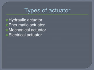 Hydraulic actuator
Pneumatic actuator
Mechanical actuator
Electrical actuator
 
