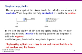 ENGR415. MECHATRONICS
Dr. Ricardo Valverde
19
The air pushes against the piston inside the cylinder and causes it to
outstroke. When the piston has fully outstroked it is said to be positive.
If we stop the supply of air then the spring inside the cylinder
causes the piston to instroke to its starting position and the piston is
said to be negative.
As this happens, the air inside the cylinder is pushed back out.
Single-acting cylinders are easy to use and control but they do
not produce very big forces.
Single-acting cylinder
positive
Air in
negative
Air out
 