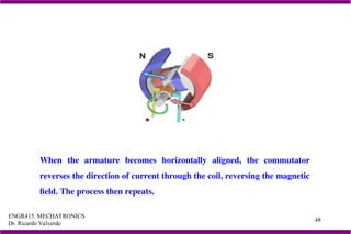 ENGR415. MECHATRONICS
Dr. Ricardo Valverde
48
When the armature becomes horizontally aligned, the commutator
reverses the direction of current through the coil, reversing the magnetic
field. The process then repeats.
 