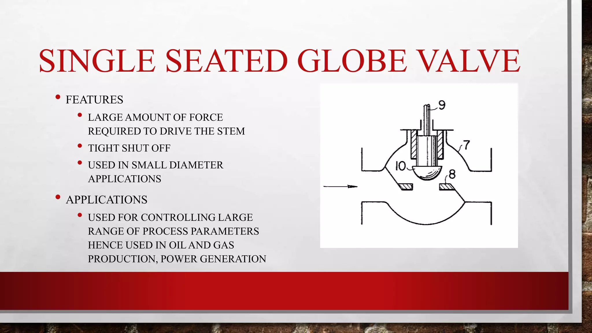 SINGLE SEATED GLOBE VALVE
• FEATURES
• LARGE AMOUNT OF FORCE
REQUIRED TO DRIVE THE STEM
• TIGHT SHUT OFF
• USED IN SMALL DIAMETER
APPLICATIONS
• APPLICATIONS
• USED FOR CONTROLLING LARGE
RANGE OF PROCESS PARAMETERS
HENCE USED IN OILAND GAS
PRODUCTION, POWER GENERATION
 