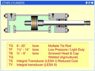 TG 8 - 20¨ bore Multiple Tie Rod TF 1½¨ - 14¨  bore Low Pressure / Light Duty TB ¾¨ - 8¨  bore Screwed Head & Cap TQ Welded (Agricultural) TS Integral Transducer (LESA I) Reduced Cost TY Integral transducer (LESA II) OTHER CYLINDERS 