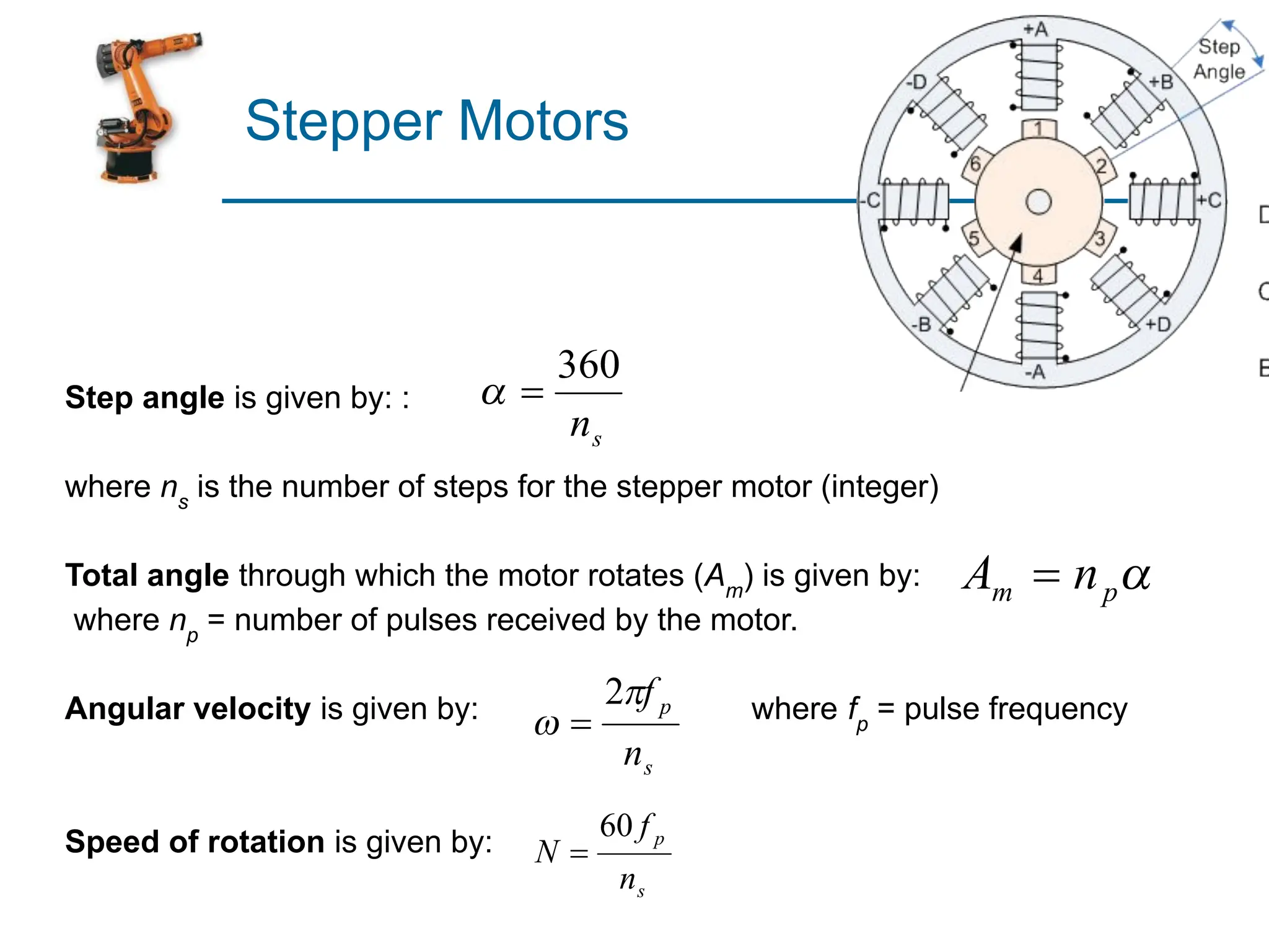 Stepper Motors
Step angle is given by: :
where ns
is the number of steps for the stepper motor (integer)
Total angle through which the motor rotates (Am
) is given by:
where np
= number of pulses received by the motor.
Angular velocity is given by: where fp
= pulse frequency
Speed of rotation is given by:
 